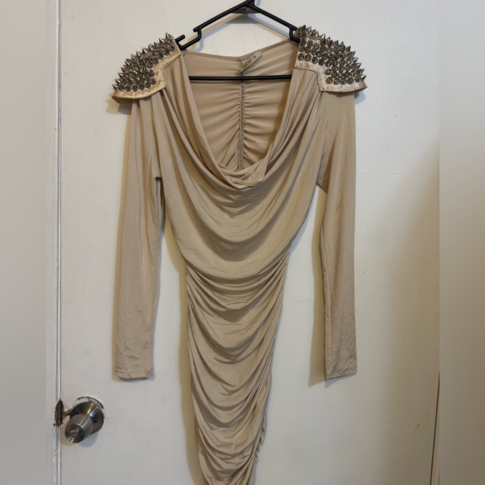 Arden B Tan Long Sleeve Dress with Studded Shoulders